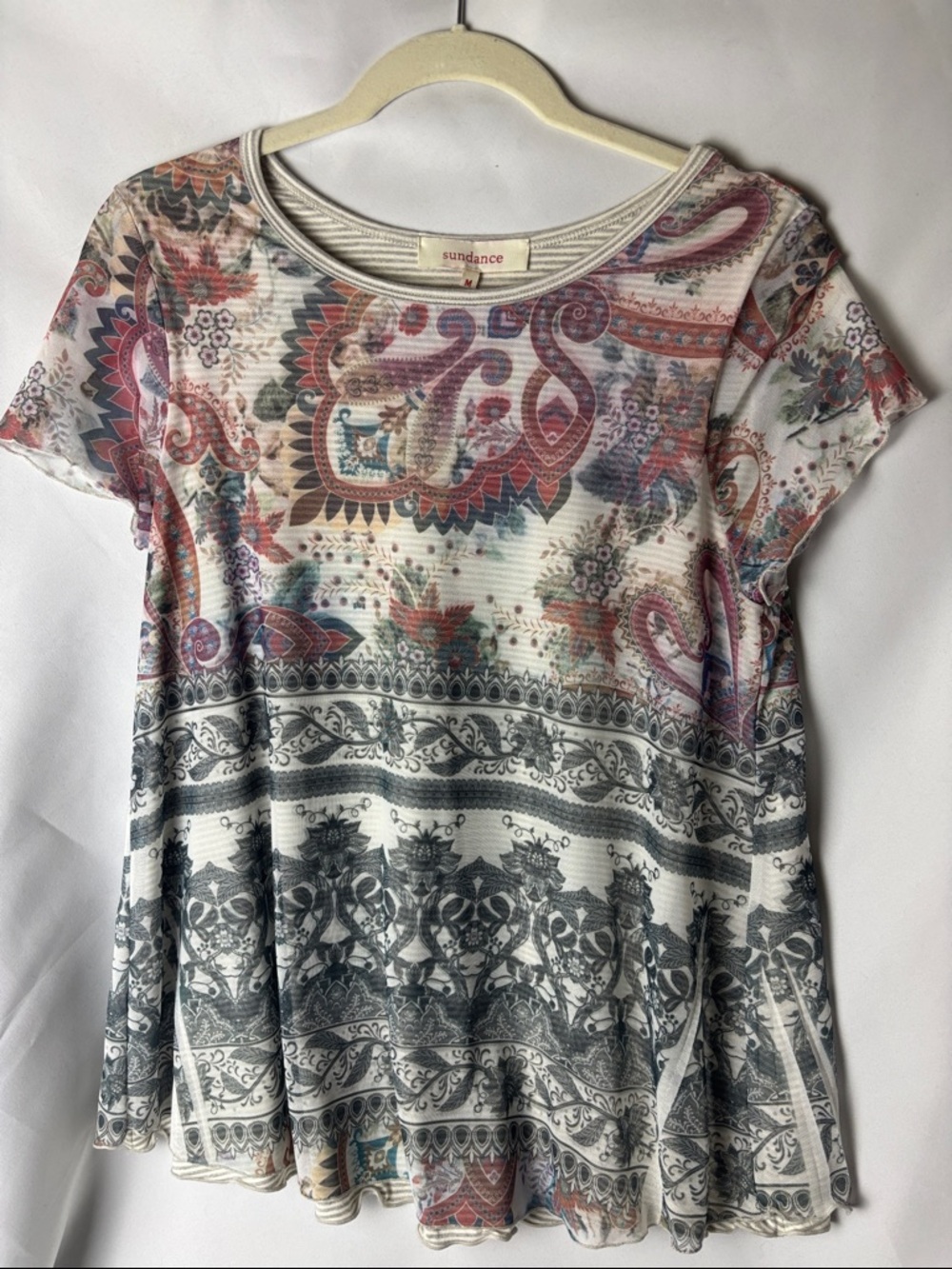 Sundance Multicolor Paisley Short Sleeve Tee with Gray Border